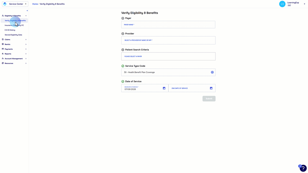 Submitting an eligibility request in Service Center