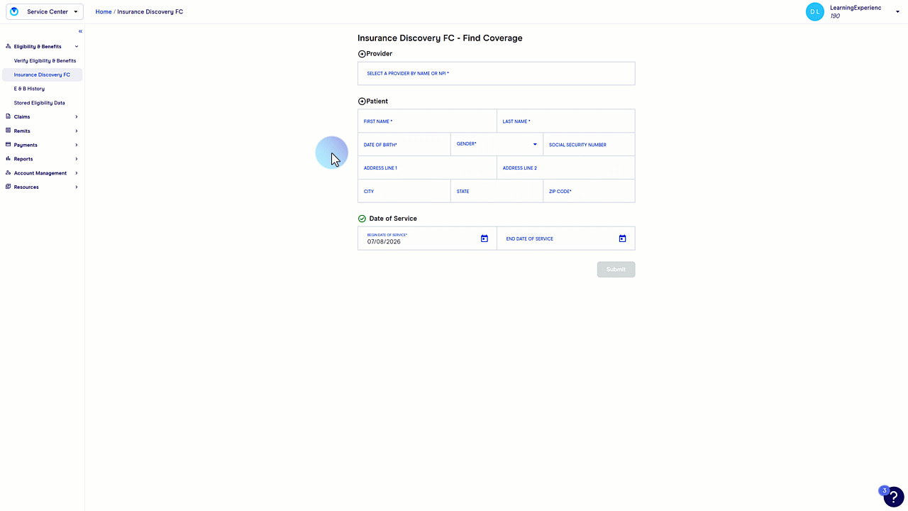 Submitting an Insurance Discovery FC inquiry in Service Center